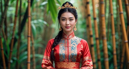 Young woman in traditional silk dress with bamboo forest background Laos culture concept
