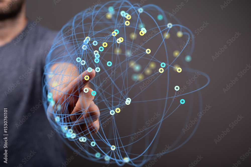 Poster Hand interacting with a digital global network.  Technology, connection, and communication concepts.