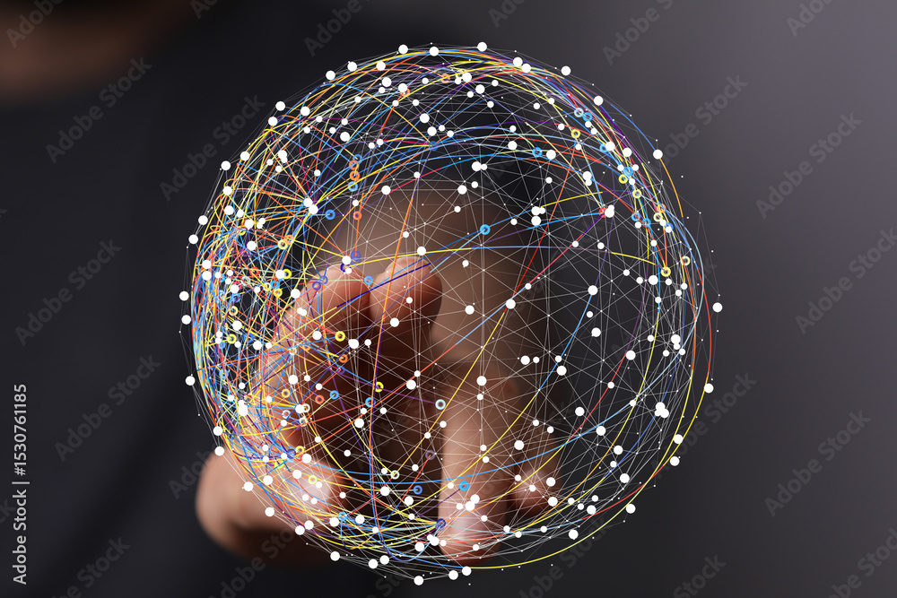 Poster Hand interacting with a digital globe, representing global connectivity and networking.