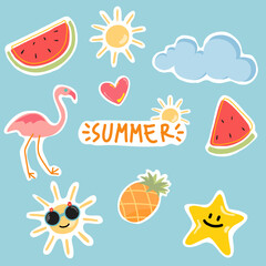 Summer cute vector icon set for sticker. Icons, signs and banners. Bright summer poster. Collection of elements for summer holiday. Vector icon set.