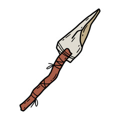 Vector linear hand drawn icon of a primitive stone-tipped spear in doodle style.