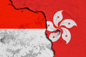 Cracked Wall Featuring Combined Flags of Hongkong and Indonesia. Image depicting a cracked wall...