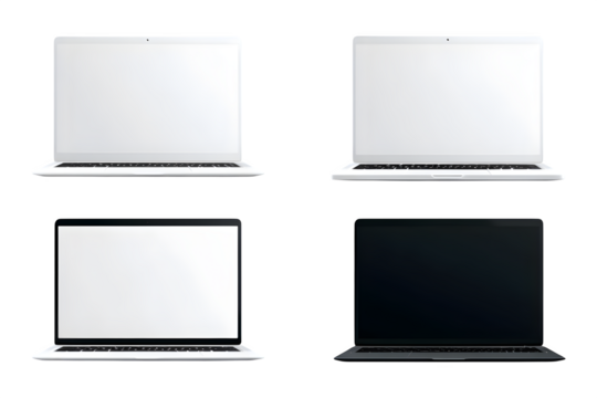 Set of modern laptops isolated on white and transparent backgrounds, multiple angles