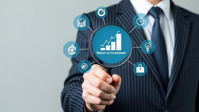 Magnifying glass highlighting return on investment concepts.