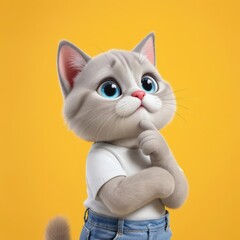 Obraz premium Cartoon Cat Thinking with Finger on Chin Against Yellow Background