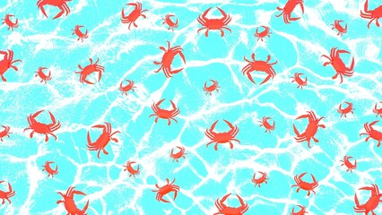 summer pattern with cute crab flock on sea wave background. For cards, invitations, albums, wallpapers, backgrounds and scrapbooks. 3d art illustration
