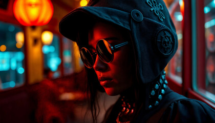 Street night portrait of a young woman