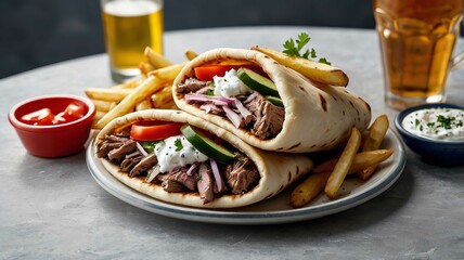 two greek gyros with shaved lamb and french fries.