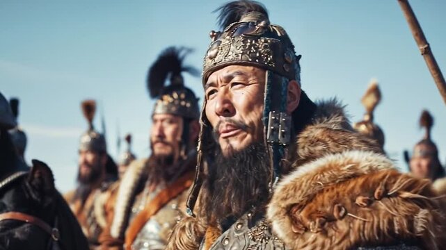 Mongolian warlord in traditional fur-trimmed armor and ornate helmet. Intense gaze and long beard. Desert landscape with warriors in background