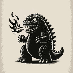 A cute, green cartoon dragon on a black background, a fun fantasy animal vector illustration