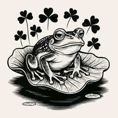 Cute green cartoon frog on a lily leaf, a happy amphibian illustration