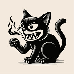 Cute black cartoon cat with big eyes, a funny animal vector illustration