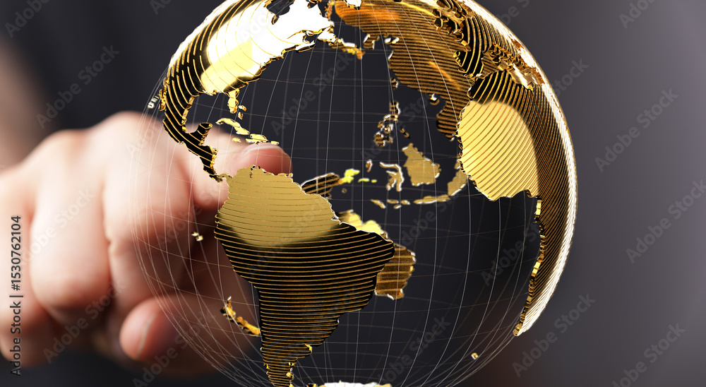 Poster high-quality image of a hand interacting with a golden globe, ideal for business and technology conc