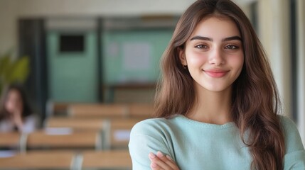 Young Middle  woman with long brown hair smiles confidently in a classroom setting. Desks and a green wall are visible in the background.
