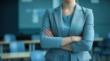 A young Caucasian woman stands confidently with her arms crossed in a classroom setting. She wears a gray suit and has long brown hair.