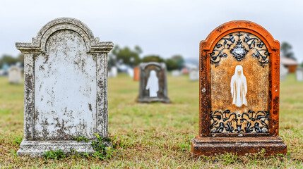 Two weathered gravestones in a cemetery, one blank, one with a f