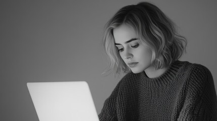 Young Caucasian woman with short wavy hair, focused on a laptop screen in a dimly lit room. She wears a cozy sweater, creating a calm atmosphere.