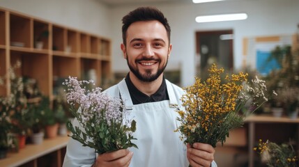 Smiling young Caucasian man with short dark hair holds two bouquets of flowers in a floral shop. Shelves filled with plants are in the background.
