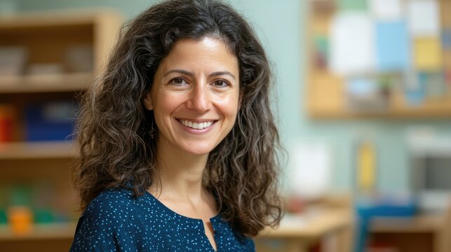Smiling Middle-Eastern woman teacher with curly hair in a classroom setting. She wears a blue patterned shirt. Background features educational materials and wooden furniture.