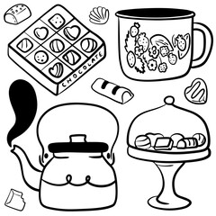 Chocolate doodle set. Different kinds of chocolate. Kettle and cup in sketch style. Hand drawn vector illustration isolated on white