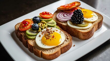 Variety of bread toast with toppings for breakfast.