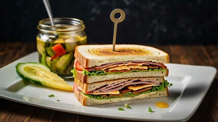 Two halves of club sandwich.
