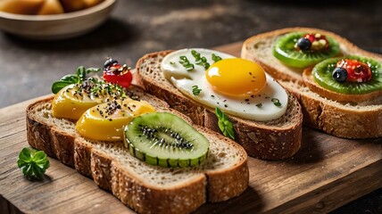 Variety of bread toast with toppings for breakfast.