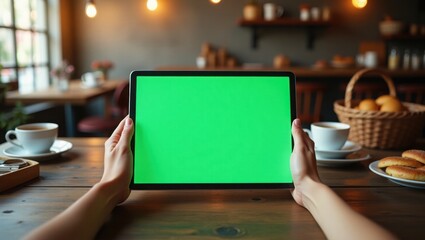 Green Screen Tablet Mockup Coffee Shop Setting