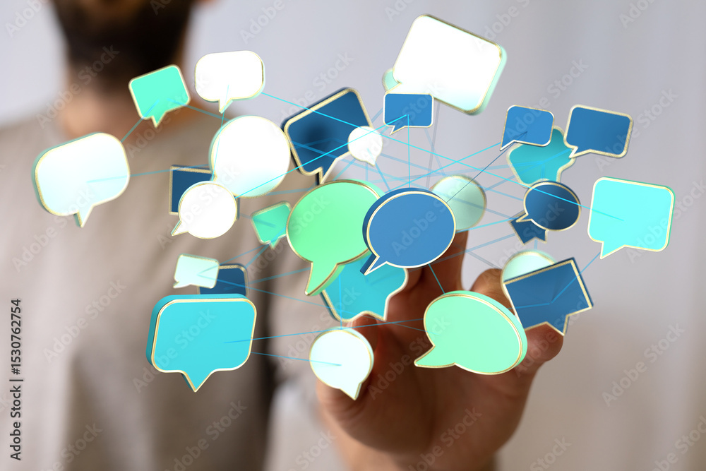 Poster Abstract image of interconnected speech bubbles, symbolizing global communication and networking.