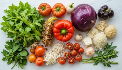 Various fresh vegetables ingredients for salad on a white table.