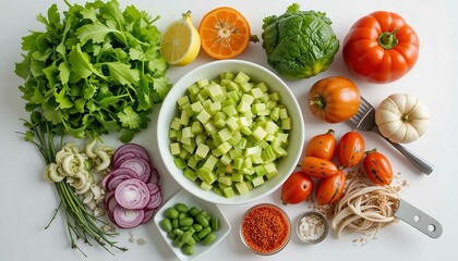 Various fresh vegetables ingredients for salad on a white table.