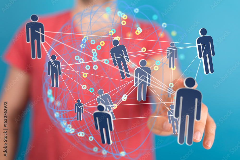 Poster Image of a network connecting people online. Represents global communication and teamwork.