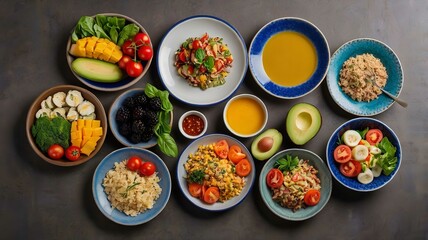 Various plates of healthy food.
