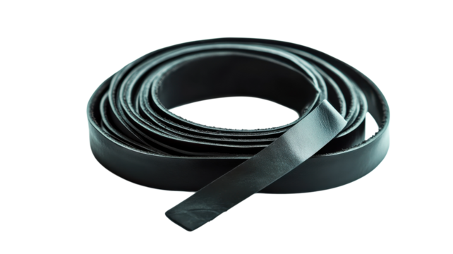 A long black leather strip is coiled on a white surface, suitable for various crafting and upholstery applications