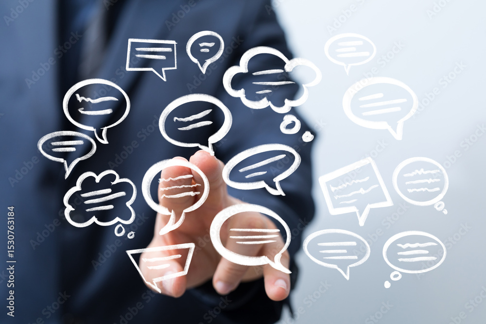 Aufkleber Conceptual image of a businessman interacting with digital communication bubbles, representing online communication, networking, and social media.