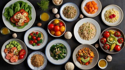 Various plates of healthy food.