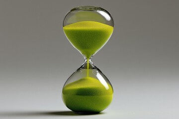 Unique green sand hourglass displays time passing in a minimalist setting with neutral tones