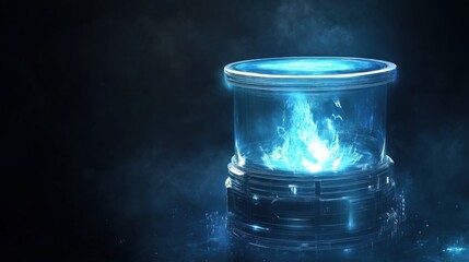 Abstract glowing blue flame in futuristic container