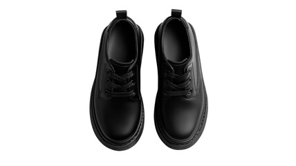 Black leather shoes are arranged neatly on a clean surface, highlighting their modern design and sturdy construction
