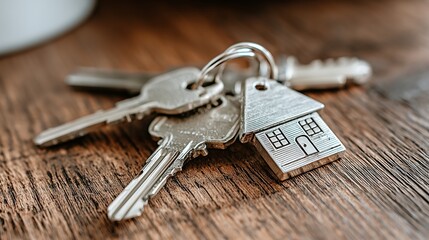 Keys resting on a wooden surface with a house-shaped keychain near a cup in a cozy setting