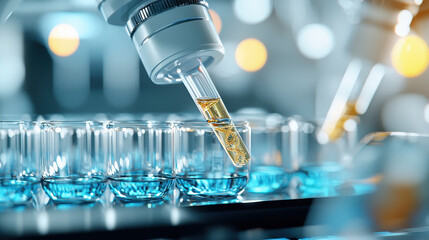 Close up of pipette dispensing liquid into glass vials modern laboratory setting, showcasing advanced technology and precision