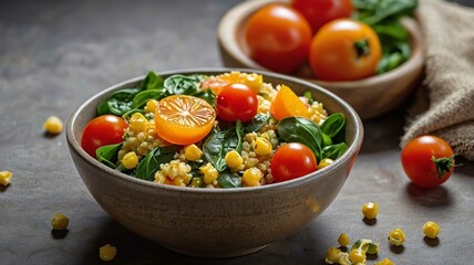 Vegetable Millet salad with red onion, cherry tomatoes, spinach and tangerine.