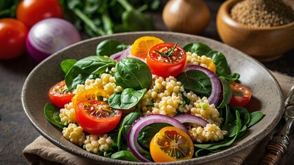 Vegetable Millet salad with red onion, cherry tomatoes, spinach and tangerine.