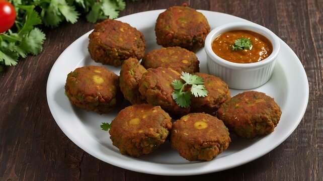 Vegetable Pakora or shami kabab tikki with chutney, sauce and dip served in dish.