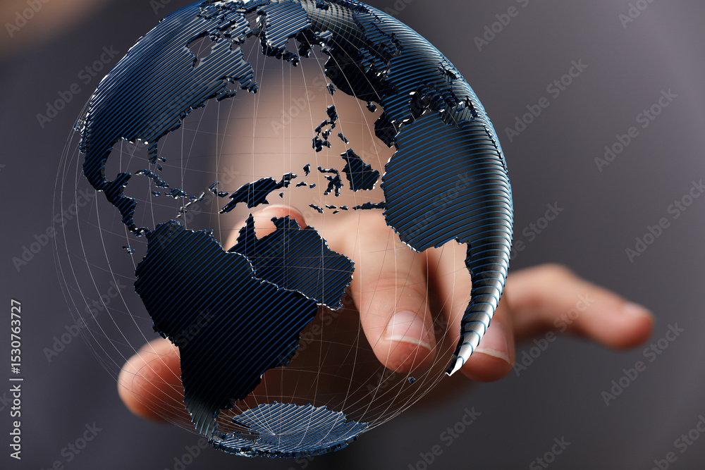 Poster High-quality stock photo of a hand interacting with a digital globe, representing global connectivity and networking.