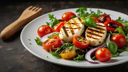Vegetable salad cherry tomatoes, baked pepper, salad mix and onion with grilled haloumi cheese.