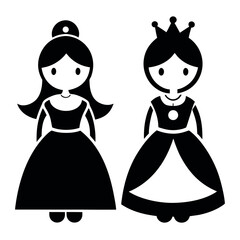 Cute Cartoon Princess Characters - Black and White Royal Queen Glyphs for Girls