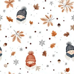 Tiny flowers in cozy scarves and hats, surrounded by snowflakes, leaves, and acorns in a cute winter floral theme