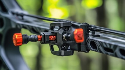 Close-up of black and grey composite bow components with orange accents