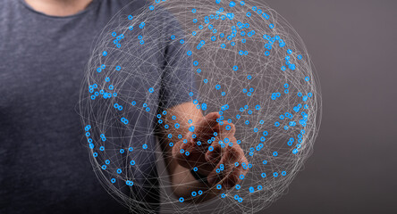 Abstract image of a person interacting with a digital global network.  Represents connection,...